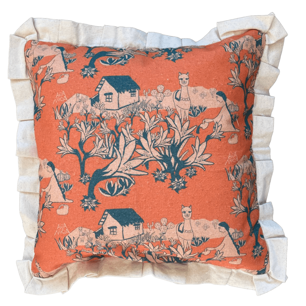 Funda de cojín Añañuca Diseño Casita Naranja Vuelos